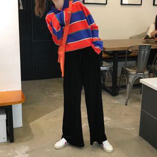 Striped Polo-neck Long-sleeve T-shirt / Wide-leg Pants