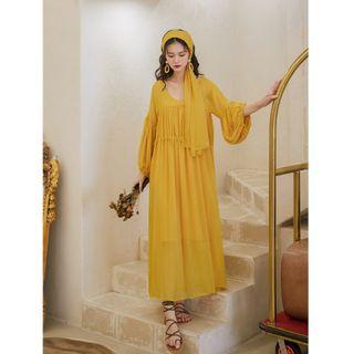 Long-sleeve Chiffon Midi Shift Dress