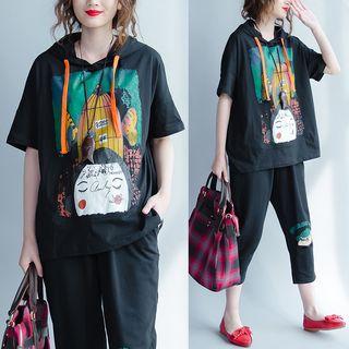 Elbow-sleeve Hooded Print T-shirt
