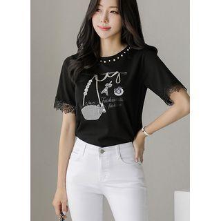 Lace-trim Faux-pearl Printed Top