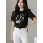 Lace-trim Faux-pearl Printed Top
