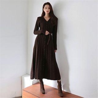 Button-through Wool Blend Cable-knit Maxi Dress