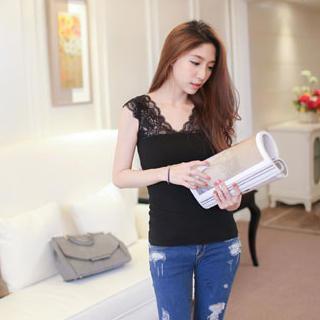 Lace-panel Rib-knit Tank Top