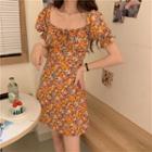 Floral Print Puff-sleeve Mini A-line Dress Tangerine - One Size