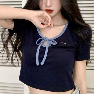 Short-sleeve Lettering Crop T-shirt Navy Blue - One Size