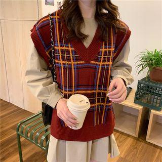 Plaid Knit Vest / Balloon-sleeve A-line Dress