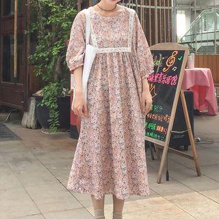 Floral Print 3/4-sleeve A-line Midi Dress Blue Floral - Pink - One Size