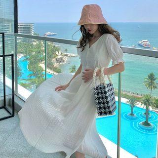 Puff-sleeve Dotted Applique Midi A-line Dress