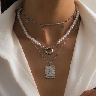 Set Of 3: Layered Faux Pearl Rose Pendant Necklace