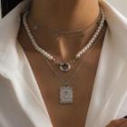 Set Of 3: Layered Faux Pearl Rose Pendant Necklace