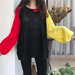 Puff-sleeve Color Block Sweater