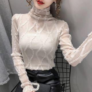 Long-sleeve Mesh Trim Turtleneck Top