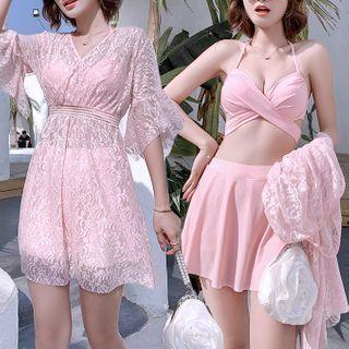 Set: Halter-neck Bikini Top + Swim Skirt + Lace Cover-up