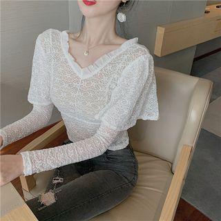 Long-sleeve Layered Crochet Lace Top White - One Size