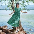 Embroidered Printed Short-sleeve Dress Green - One Size
