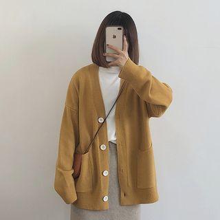Plain V-neck Midi Knit Cardigan