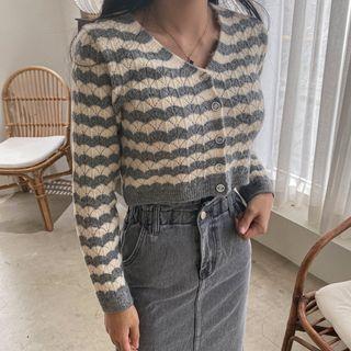 Perforated Stripe Cropped Cardigan