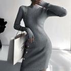 Long-sleeve Mock-neck Buttoned Knit Midi Dress
