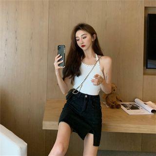 Halter Rib Knit Tank Top / Mini A-line Denim Skirt