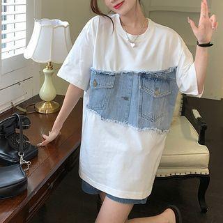 Short-sleeve Denim Panel T-shirt White - One Size