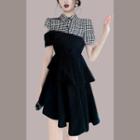Short-sleeve Plaid Panel Tiered Dress