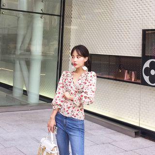Wrap-front Tie-waist Floral Blouse