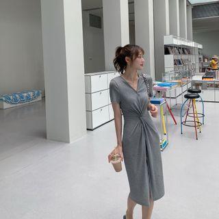 Short-sleeve Button Twist Midi Sheath Dress