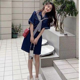 Set: Denim Mini A-line Dress + Striped Shawl + Belt