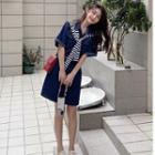 Set: Denim Mini A-line Dress + Striped Shawl + Belt