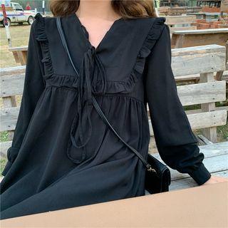 Frilled V-neck Long-sleeve Dress Black - One Size