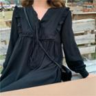 Frilled V-neck Long-sleeve Dress Black - One Size