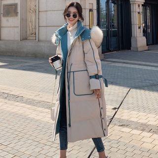 Furry Trim Two Tone Hooded Padded Long Coat