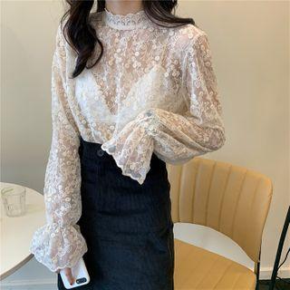 Bell Sleeve Stand Collar Lace Blouse