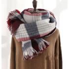 Plaid Fringed Scarf Plaid - Red & Blue - One Size