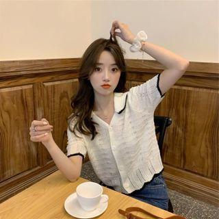 Short-sleeve Collared Pointelle Knit Cropped Cardigan