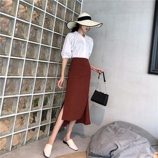 Elbow-sleeve Shirt / Split Hem Midi Skirt