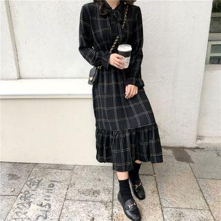 Tie-neck Ruffle Hem Plaid Midi Dress
