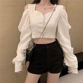 Cold Shoulder Crop Chiffon Blouse As Shown In Figure - One Size