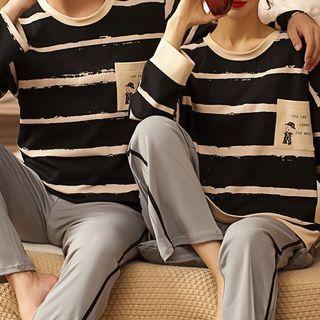 Couple Matching Loungewear Set : Long-sleeve Striped Bear Print Top + Pants