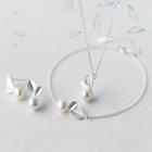 Leaf Faux Pearl Pendant Sterling Silver Necklace / Bracelet / Earring / Set