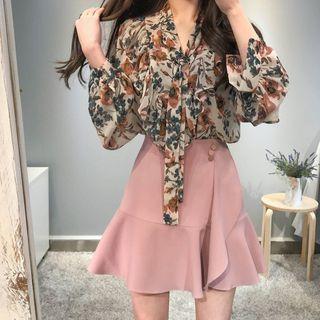 Floral Print Lantern-sleeve Blouse