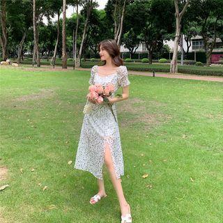Floral Split Puff-sleeve Dress