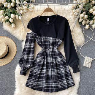 Mock Two-piece Round-neck Panel Plaid Dress