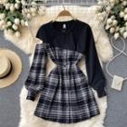 Mock Two-piece Round-neck Panel Plaid Dress