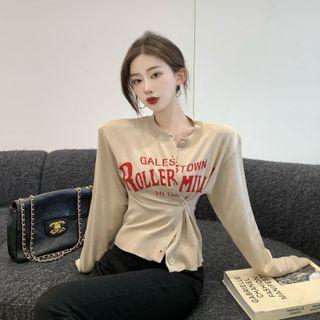 Lettering Button-up Knit Top Almond - One Size