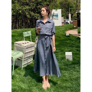 Short-sleeve Bow Accent Midi Shirt Dress