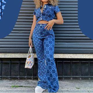 Short Sleeve Plaid Floral Print Denim Shirt / High Waist Boot-cut Pants