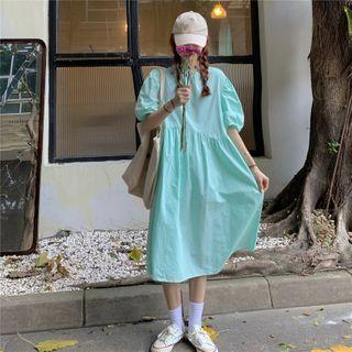 Puff-sleeve Plain Dress Mint Green - One Size