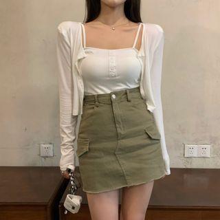 Set: Button Up Camisole + Button Up Cardigan / High Waist Cargo Mini Skirt