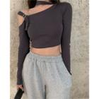 Halter Cut-out Long-sleeve Cropped Top Gray - One Size